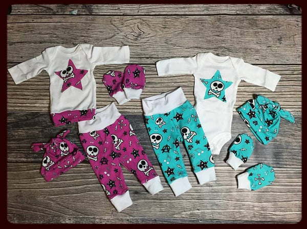 EXCLUSIVE Newborn Baby COMING HOME outfit Anarchy Skull knit beanie shirt pants mittens