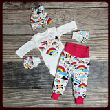 Newborn Rainbow Baby COMING HOME outfit Skull knit beanie shirt pants mittens